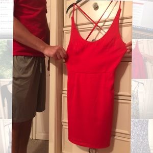 Red mini bodycon dress. Strappy back